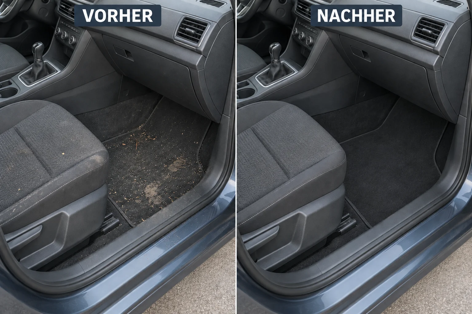Illustration zur Innenraumpflege: links mit Alltagsschmutz, rechts gereinigt.